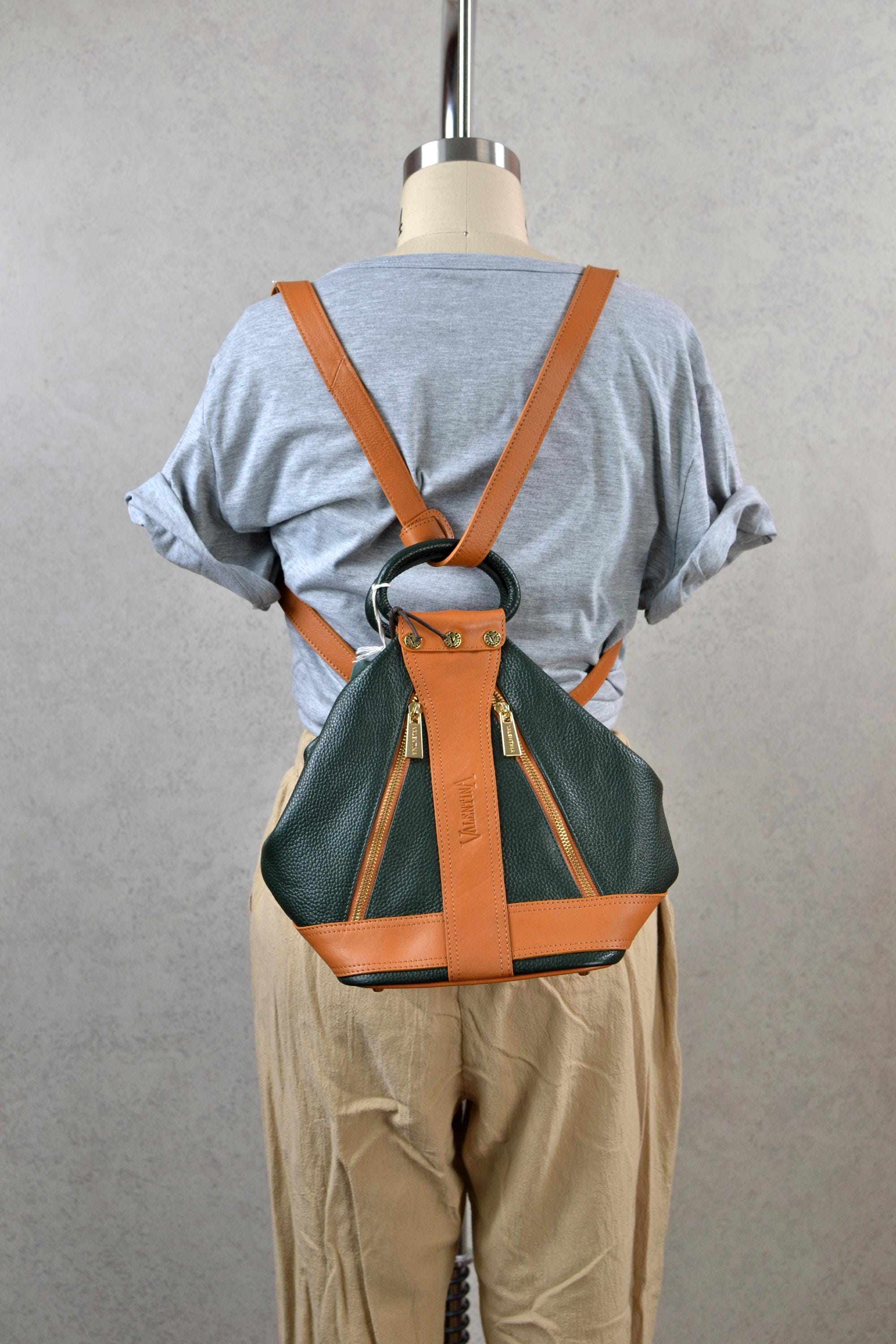 valentina italy hunter green cognac brown leather convertible bucket  backpack handbag y2k vintage