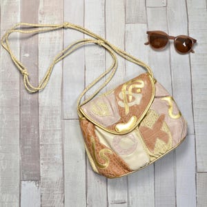 abstract patchwork reptile leather beige brown gold slouchy crossbody purse . 90s vintage