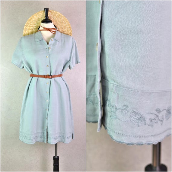 j. jill pale mint pure linen scallop embroidered hem short sleeve button  down collared shirt dress . size l . y2k vintage