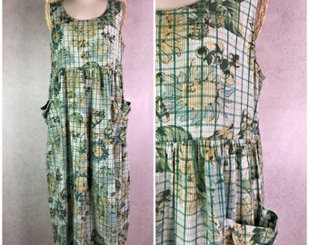 april cornell pure cotton green yellow plaid sunflower print sleeveless pinafore sun dress with pockets . size m/l . 90s vintage