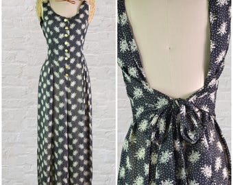 alyn page sheer black & cream polka dot floral sleeveless wide cropped leg tie back ribbon jumpsuit . size m/l . 90s vintage
