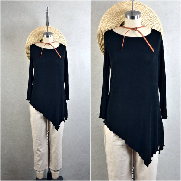 traveler's black slinky asymmetrical shark tooth lettuce hem long sleeve tunic top . y2k vintage . xs