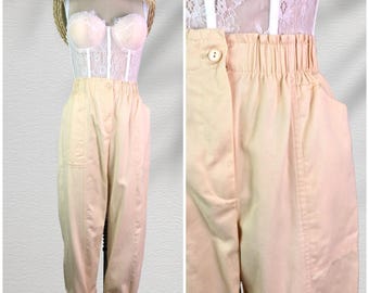 willow ridge macaroon yellow pure cotton high rise elastic waist tapered leg pants with pockets . size xs/small . 80s/90s vintage