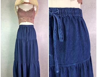 life style pure cotton dark blue chambray ankle length tiered prairie skirt . size large . y2k vintage