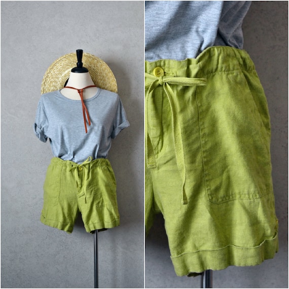 linen lime drawstring cargo shorts . y2k vintage .