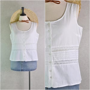 boho white cotton & linen crochet pintuck button down sleeveless boxy tank top by white stag . size large . 90s vintage