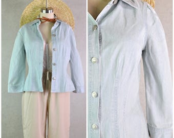 jeanology light acid wash pure cotton denim fitted collared button down puffy sleeve jacket blouse . size xs/s . 90s vintage