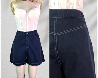 villager sport deepest navy blue pure cotton chino white stitch midrise shorts with pockets . 32" waist . 90s vintage