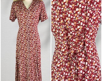 jamie brooke red floral rayon short sleeve button down corset laceup back midi dress . size s/m . 90s vintage