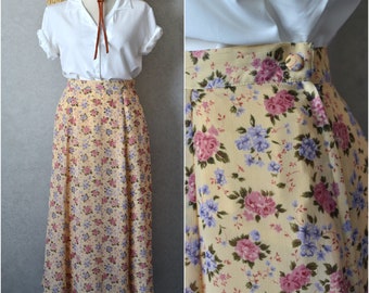 pale yellow chiffon flower garden long midi skirt . 90s vintage . 30" waist