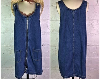 sostanza medium wash denim cotton zipper sleeveless pinafore jumper dress with pockets . size s/m . 90s vintage
