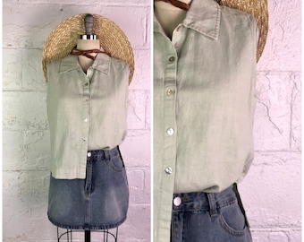 real comfort palest sage linen cotton blend sleeveless boxy button down collared blouse . size small . 90s vintage
