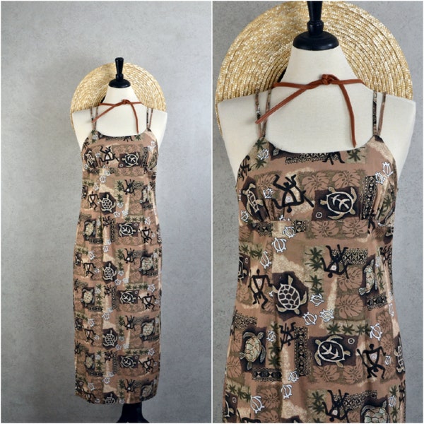 brown neutral cotton hawaiian sea turtle  spaghetti strap maxi sun dress . 90s vintage . m/l