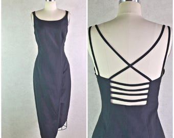 spiegel black twill knit strappy asymmetrical hem faux wrap spaghetti strap pencil dress . size 10 . 90s vintage