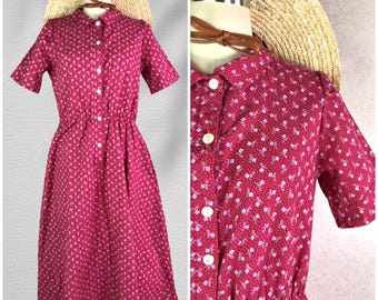 laura ashley pure cotton red ditsy floral short sleeve collared shirtwaist midi dress with pockets . size s/m . 90s vintage