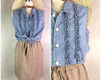 esprit light stone wash denim ruffle front button down collared sleeveless blouse . size s/m . y2k vintage