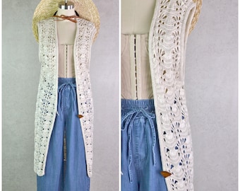yarnworks boho beige rayon flax crochet long line single wooden button sleeveless sweater duster vest . size xs/s . 90s vintage