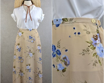 buttercream & cornflower posy print long midi skirt . 90s vintage . 30-34" waist