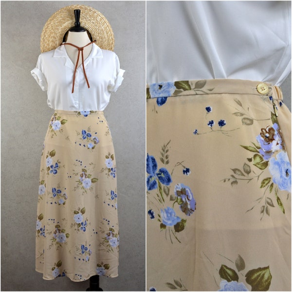 buttercream & cornflower posy print long midi skirt . 90s vintage . 30-34" waist