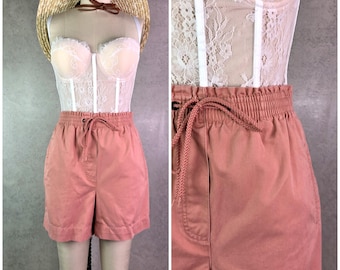 hasting and smith dusty coral pure cotton high rise drawstring elastic waist chino shorts with pockets . size medium . 90s vintage