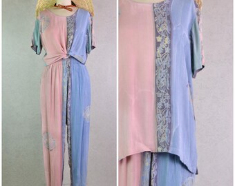 globe trotter of bali pastel abstract crinkle rayon short sleeve tunic top & elastic waist pants w/ pockets 2pc set . xs/s . 90s vintage