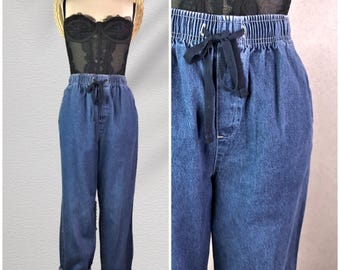 cabin creek pure cotton medium wash elastic drawstring waist high rise jeans with pockets . size medium . 90s vintage