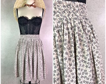 karen austin pure silk beige & navy micro abstract print elastic waist knee length a line skirt . size small . 90s vintage
