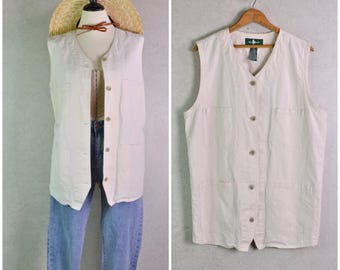 hunt club natural ecru ramie cotton chore jacket sleeveless vest with pockets . size m/l . 90s vintage