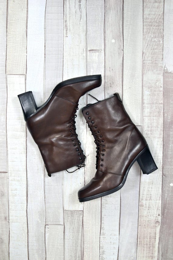 Dark Brown Vegan Leather Fleece Lined Tall Lace up Grommet  display picture 3
