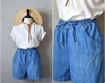 minimalist cotton denim elastic drawstring high waist shorts . 90s vintage . xl