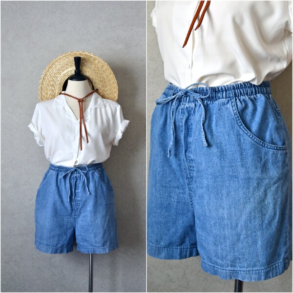 minimalist cotton denim elastic drawstring high waist shorts . 90s vintage . xl