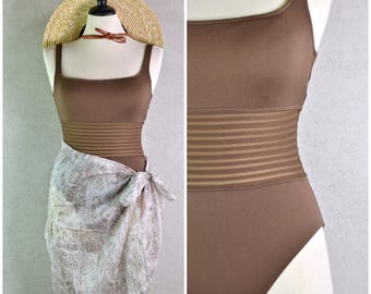 anne klein solid brown sheer ruched waist one piece maillot swimsuit with cotton scarf wrap cover up . size 14 . 90s vintage