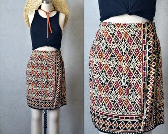 aztec earth tone tribal geo batik print rayon faux wrap mini skirt . 90s vintage . m