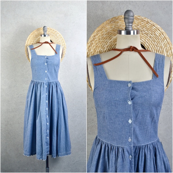 esprit blue cotton chambray scallop embroidered lace pinafore  . 90s vintage . xxs / xs