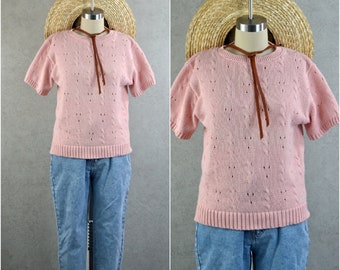 dusty pink chunky cable knit short sleeve sweater . 80s vintage . s/m
