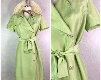 shomi by miller lime green pure silk short sleeve button down belted collared dress . size 6 small . 90s vintage