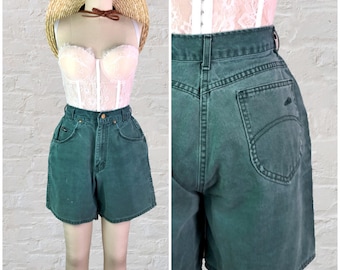 chic faded jungle green pure cotton distressed denim high rise mom shorts with pockets . 26" waist . 90s vintage