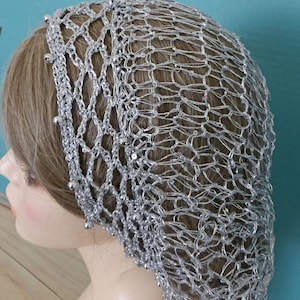 Beaded Snood Hair Net Head Covering . Fits Most . Metallic Double Stranded . Silver beads . Soft Silver Sequins .  Sparkles . Exclusive