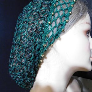 Green Sparkly Hair Net Snood Head Cover | Fits Most | Double Stranded | Gold Beads | Adjustable Elastic| Designer Yarns | Exclusive Pattern