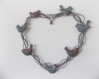 BIRD Heart Wreath . Metal Art . Wire Vines . Muted bronze & Blue Birds . Includes free Craft class Chat
