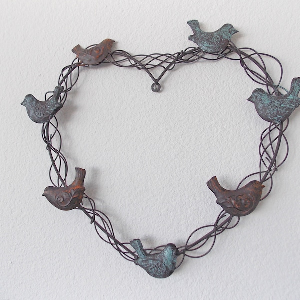 BIRD Heart Wreath . Embellish Craft Chat with our Teacher Included in Price.  Metal Wire Vines . Muted bronze & Blue Birds .