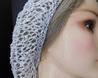 SALE ! Sparkly Snood Handmade Lace Head Cover . Fits Most . Sparkly Metallic Silver Sequin Metallic Wide Band .  USA