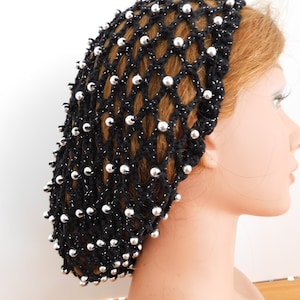 Adjustable BLACK SILVER BEADED Snood Hair Net . Black Threads with Silver Flecks . Cotton Blend . Exclusive . Fits Most .  Accent/Control .