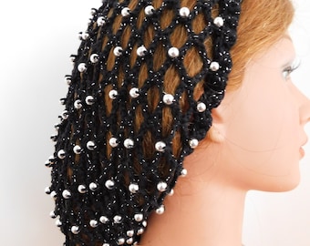 BLACK SILVER BEADED Snood Hair Net Head Covering . Metallic Flecks . Cotton Blend . Exclusive . Fits Most .  Accent/Control .