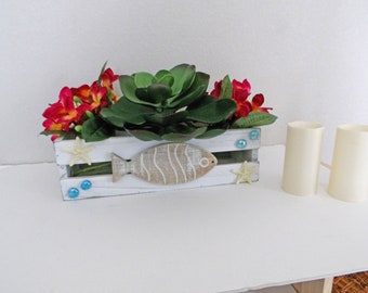 Coastal Wood Fish PLANTER Box . CENTERPIECE Bath Kitchen Candles . CLUTTER . 15"Wx4.25"Hx5.34"D Gift . Artificial Foliage Only