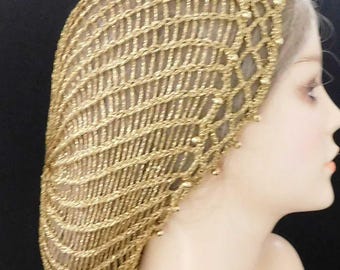 EXCLUSIVE Gold Metallic Snood | Fits Most | SPARKLY | Adjustable Elastic | Renaissance | Boho Vintage | Handmade Lace Knit | Made USA