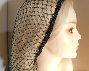 SPARKLY ! Black Retro Rhinestone Fashion Hair Net Snood Head Cover | Fits Most + Long Hair | Adjustable Elastic Controls Sides/Length  USA