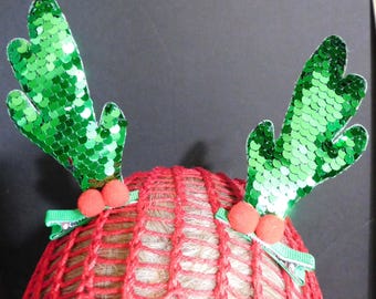 Christmas Head Net Cover | Sequin Antlers | Adjustable Elastic | Fits Most | 100% Cotton Handmade Lace Net | Boho Vintage Retro | Made USA