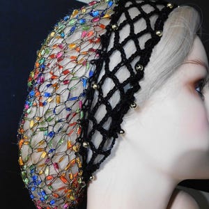 Gold Beaded Hair Net Snood Head Cover . Fits Most . Sparkly Glitz Metallic Multi Color Threads . OOAK . Exclusive Shop Pattern USA
