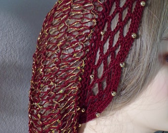 Burgundy Gold BEADED Metallic Sequins Snood Hair Net Head Cover . Fits Most . Exclusive Pattern USA